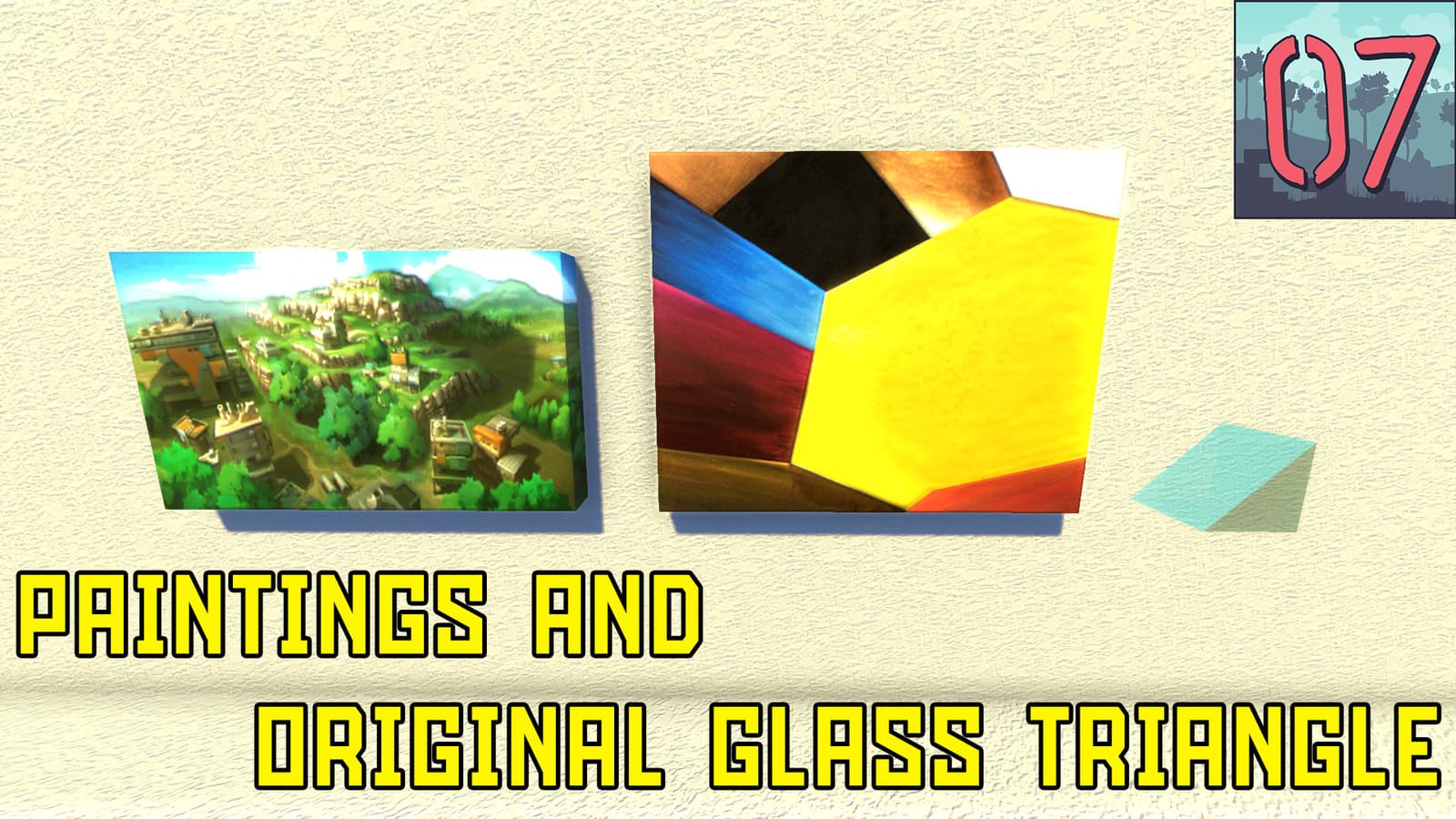 Paintings and glass triangle